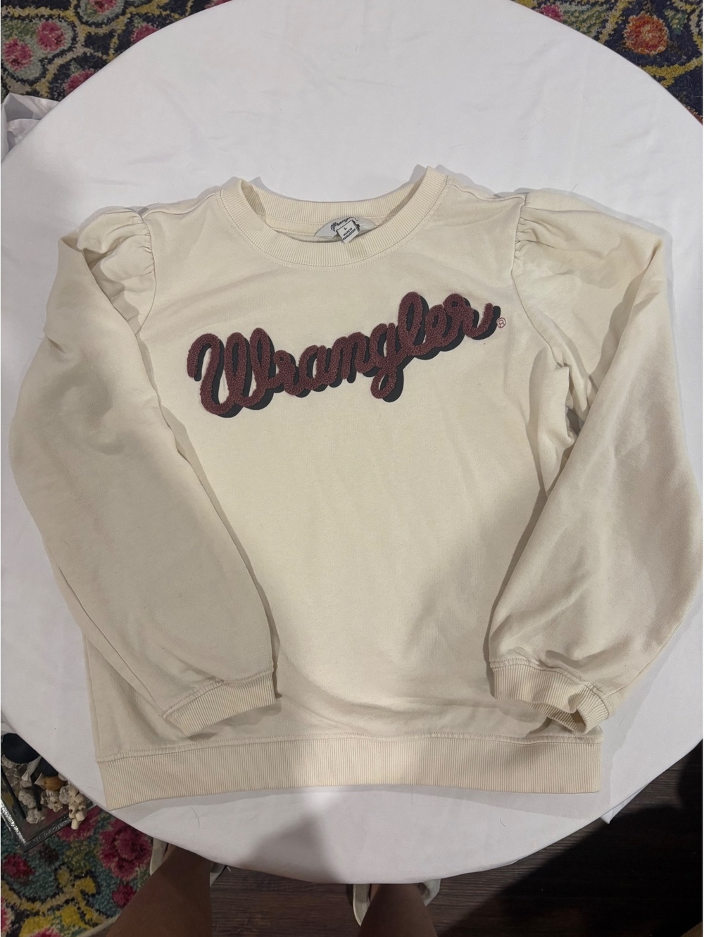 Wrangler girls Cream Pullover Sweatshirt with Puff Sleeves, Size Large